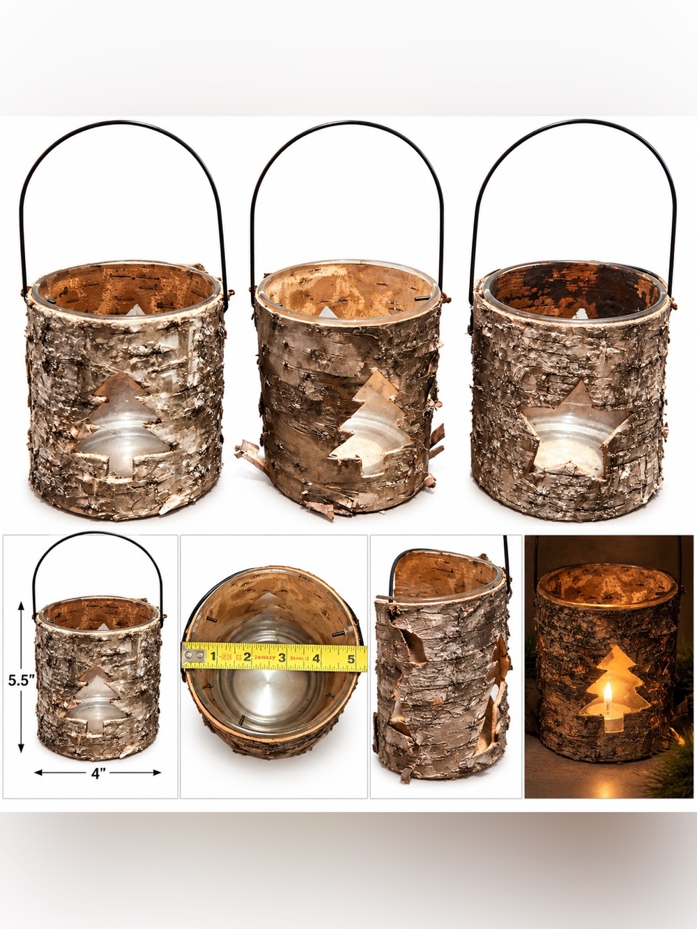 Source Unknown Birch Bark Lanterns with Tree and Star Cutouts - Brown